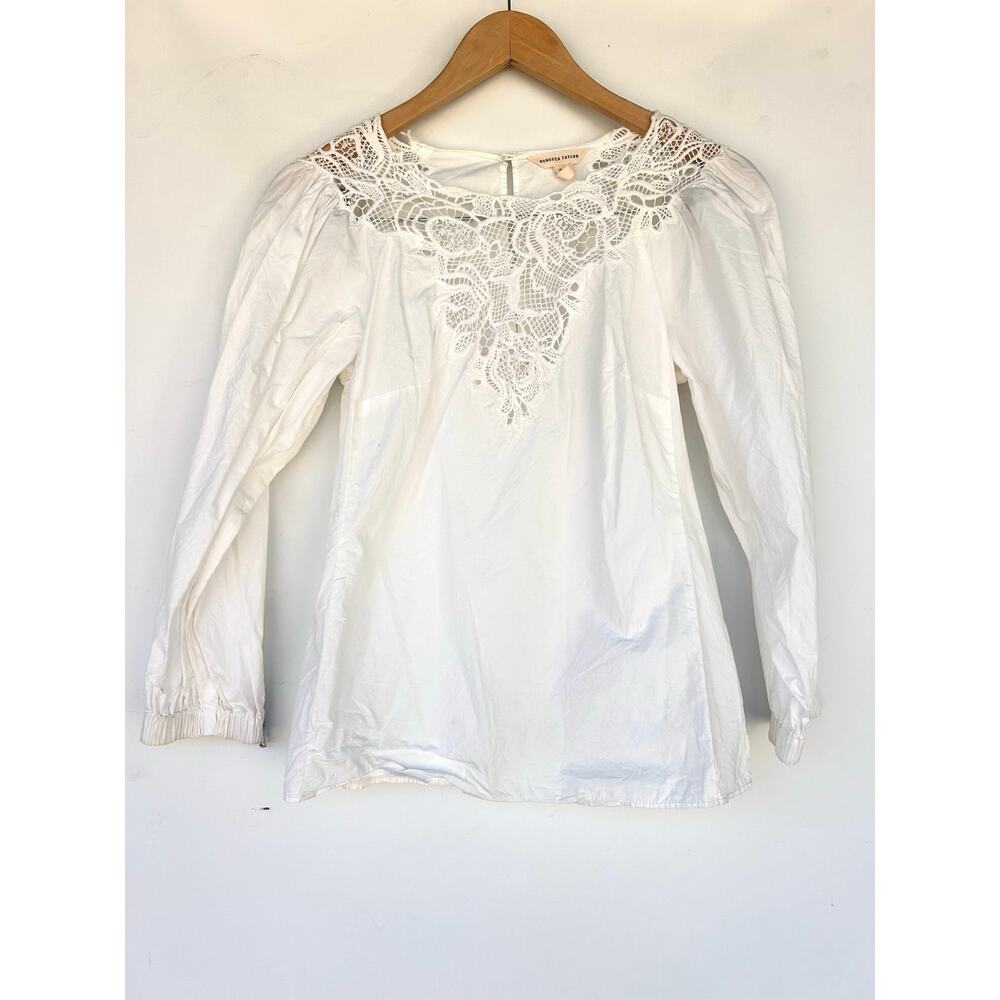 Rebecca Taylor White Eyelet Lace Top Long Sleeve Cotton 2 Romantic Feminine - Picture 2 of 7